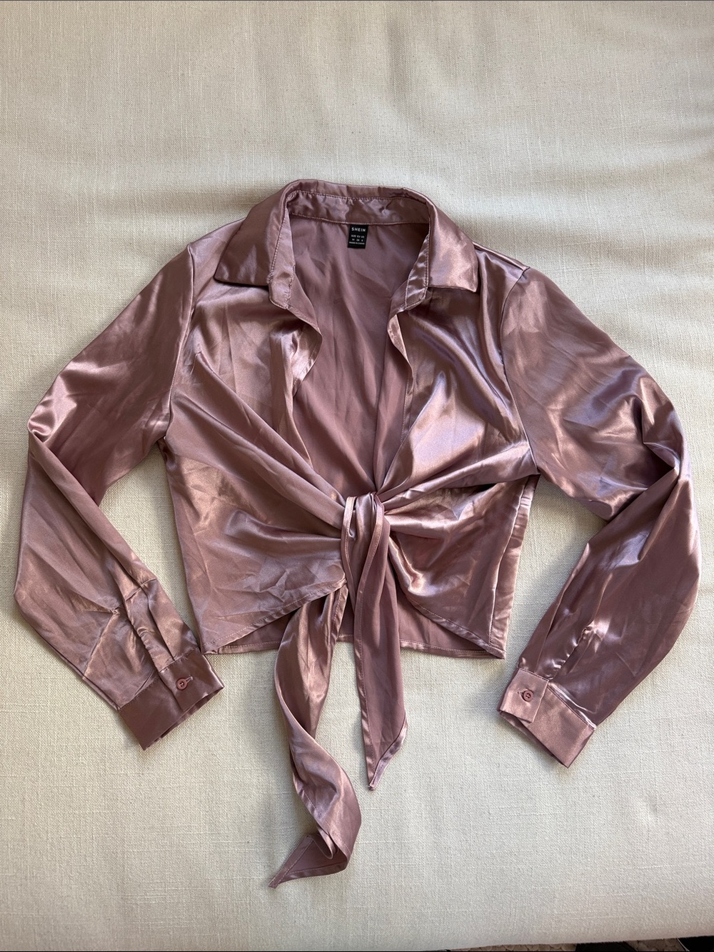 SHEIN Rose Satin Tie-Front Button Down Shirt